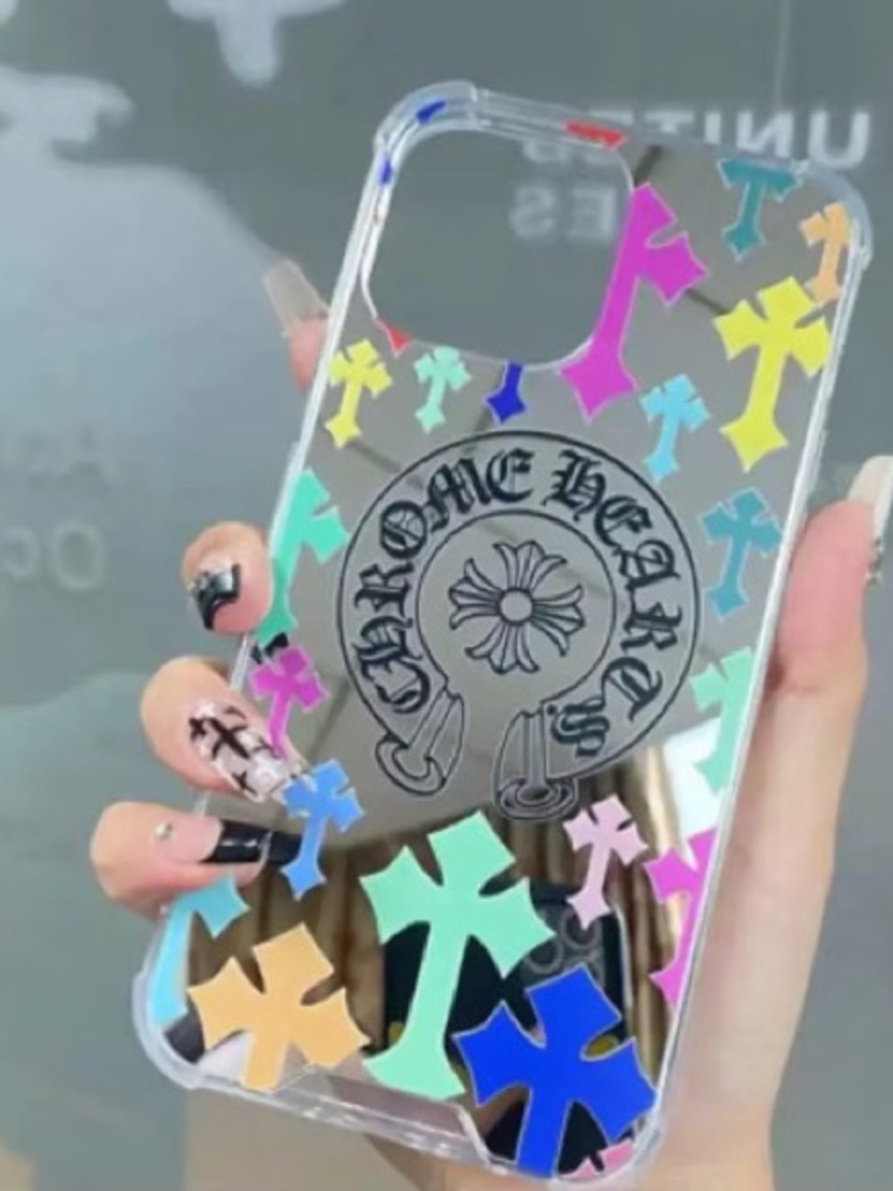 Mirror  Multicolor Cross Pattern Phone Case with Chrome Logo